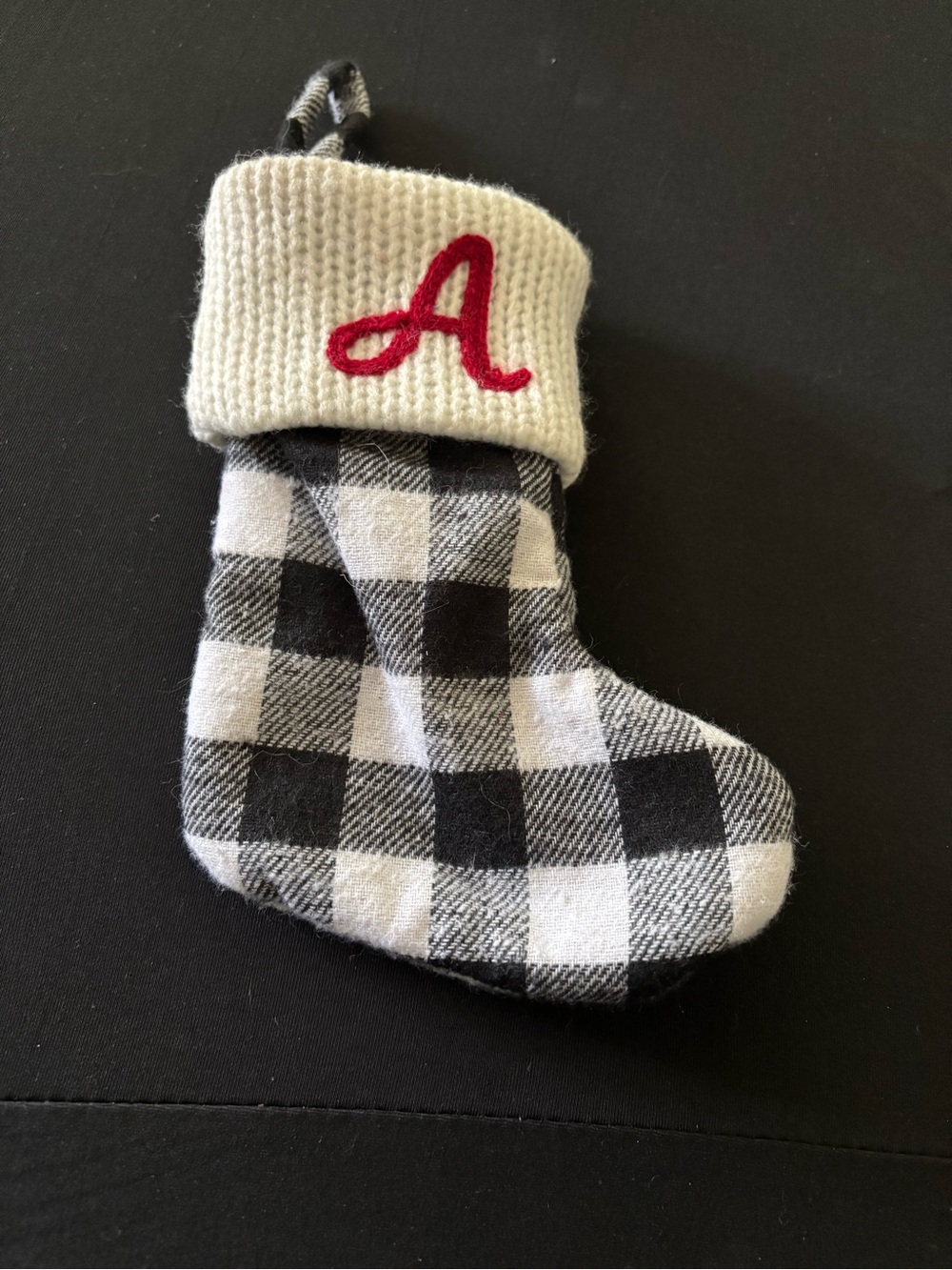 (A278)Monogrammed 7” Holiday Stocking - Black & White Plaid with Red 'A'
